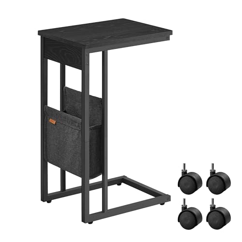 VASAGLE C-Shaped Side Table, Bedside Table, End Table for Small Spaces, with Fabric Storage Bag, Includes Adjustable Feet and Swivel Castors, Living Room, Ebony Black LET357B56