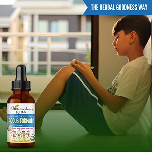Kids Focus and Attention Ashwagandha Formula - Brain Supplements with Moringa for Genius, Focus Liquid Drops & Vitamins for Kids, Non-GMO, USDA Organic, 1 Fl. Oz by Herbal Goodness