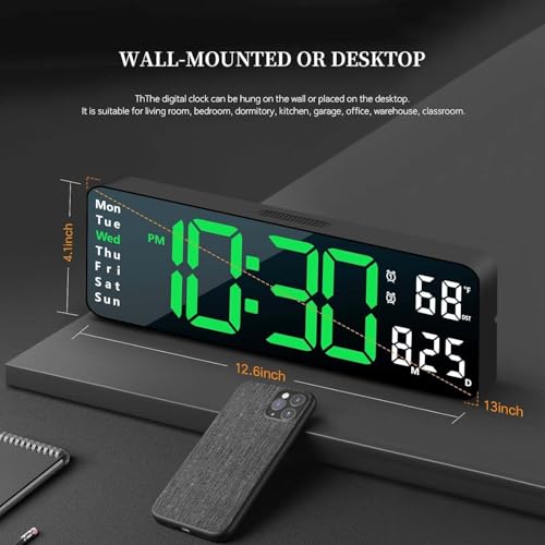 Image of 13 inch Plastic Digital Wall Clock - Large Green & White LED Display, Remote Control, Auto Brightness Dimmer, Date, Day & Temperature Display - Ideal for Living Room, Office, Gym, Shop