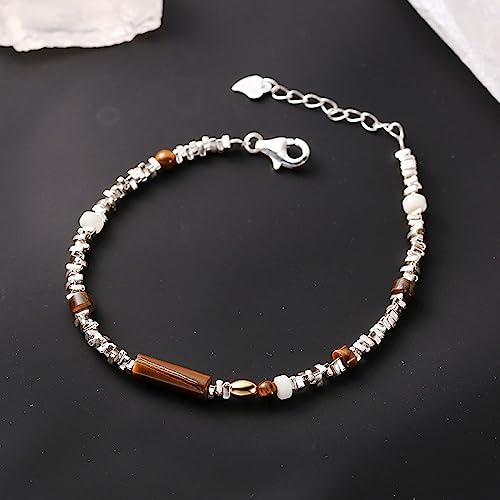 Bracelet en Argent 925 authentique et perles d'Oeil de Tigre marron