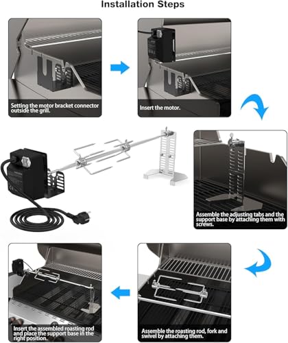 onlyfire Universal Grillspieße Set, Grillspieß mit Motor, Drehspiess für Gasgrill, Inklusive 2 Fleischgabeln, 70,5 cm Rotisserie Drehspieß, Verstellbarer Ständer, Wetterfester Schalter