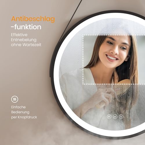 EMKE Schwarzer Runder Badspiegel mit Beleuchtung 70cm, Antibeschlag – Ansicht 4