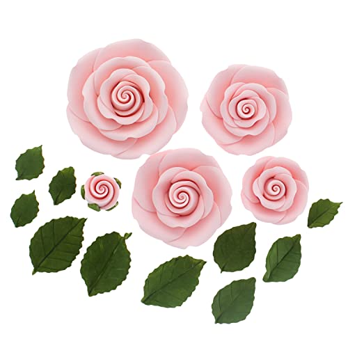 Global Sugar Art Edible Exquisite Rose & Leaf Tray Sugar Cake Flowers, Pink Unwired, 5 Count by Chef Alan Tetreault