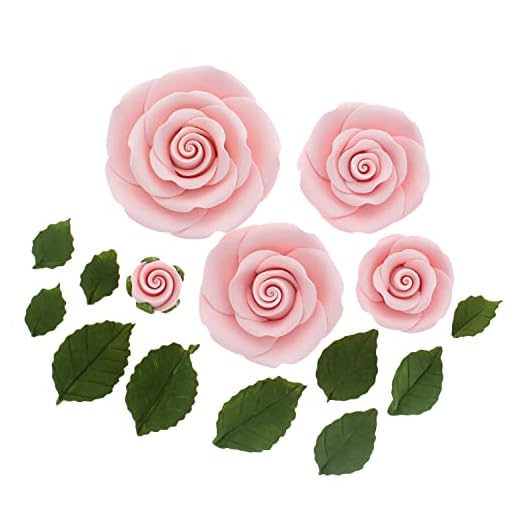 Global Sugar Art Edible Exquisite Rose & Leaf Tray Sugar Cake Flowers, Pink Unwired, 5 Count by Chef Alan Tetreault