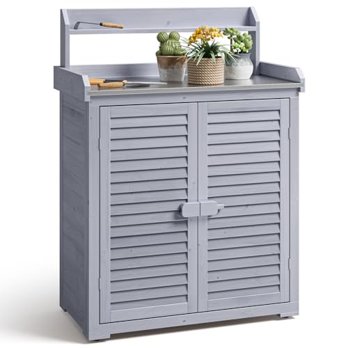 Blishom Pflanztisch aus Holz, Gartenarbeitstisch mit Schrank & Arbeitsplatte, Gärtnertisch mit Abnehmbaren Regalen & Haken, für Balkon,...