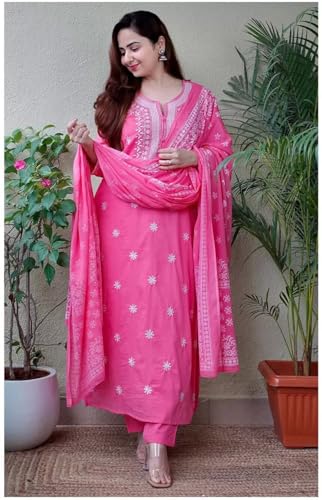 Image of Royal Export Women's Viscose Floral Embroidered Straight Kurta Pant with Dupatta Set | Kurta Sets for Women