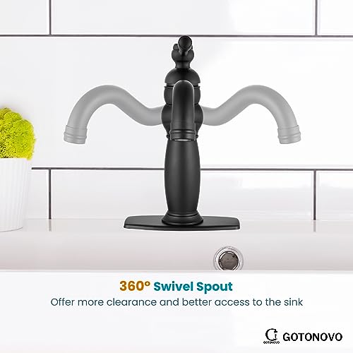 Gotonovo Matte Black Bathroom Sink Faucet Single Hole Deck Mount Single Handle Solid Brass Matte Black Modern Lavatory Vanity Mixer Bar Tap With Overflow Hole Metal Pop Up Drain #TOP4