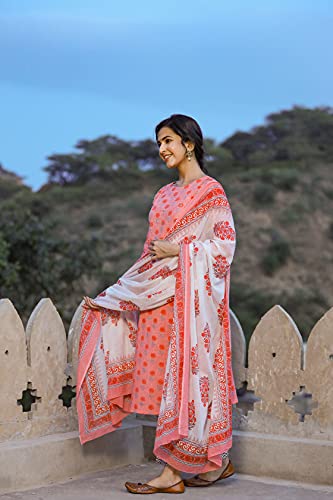 Image of Vaamsi Women's Cotton Blend Floral Straight Kurta Pant With Dupatta