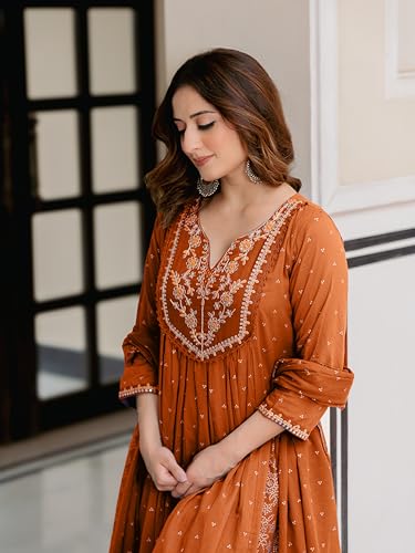 Image of Arayna Women's 100% Pure Cotton Anarkali Kurta Set with Pant & Dupatta | Embroidered Flared Kurta | Elegant Ethnic Suit