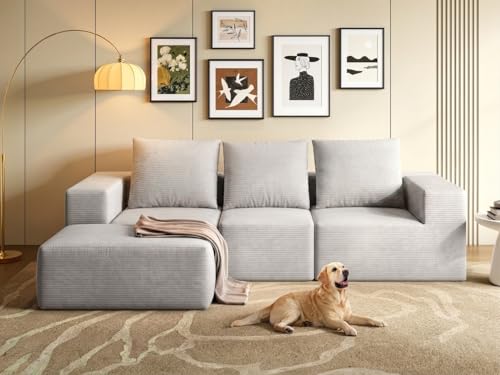 YITAHOME Modulares Ecksofa mit Schlaffunktion, Boneless Couch 3 Sitzer mit Ottomane, Sofa L Form 247 x 155 x 57cm, Corduroy Schlafsofa, Couch Sektionssofas, Keine Montage erforderlich, Hellgrau