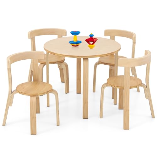 HONEY JOY Kids Table and Chair Set, Bentwood Toddler Round Table and 4 Chairs for Craft Art, Building Block, 5-Piece Children Furniture Set for Daycare, Kindergarten, Playroom (Natural)
