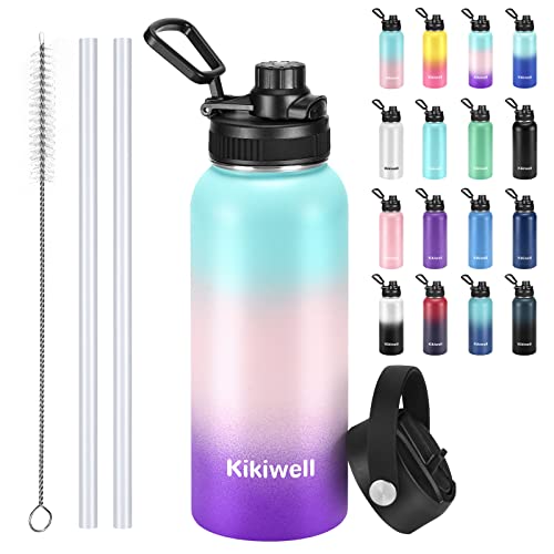 Insulated Water Bottle With Straw, Sports Water Bottle 1 L, Reusable Vacuum 18/8 Stainless Steel Flask Thermos, Modern Wide Mouth Double Walled Simple Mug, Keeps Hot & Cold (32 oz, Aqua Pink Purple) -  Kikiwell