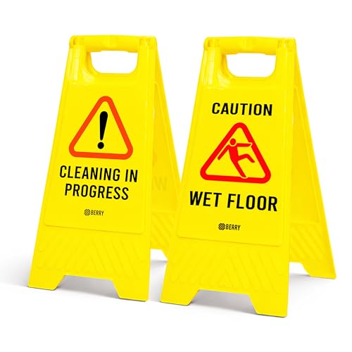 Berry Caution Wet Floor Sign Yellow | Cleaning in Progress Floor Sign Type A Foldable | 2 in 1 Double-Sided Free Standing Slippery Warning Sign for Shops Hotels Restaurants & Malls - Set of 2