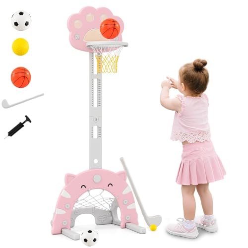 OLAKIDS Toddler Basketball Hoop, 3 in 1 Height Adjustable Kids Sports Activity Center Indoor Outdoor with Soccer Goal Golf Ball and Club, Baby Toy Game Play Set Gifts for Boys Girls (Pink)