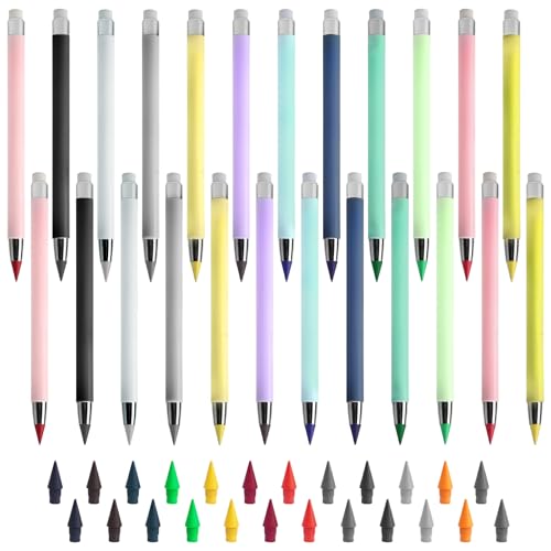 APOMOONS 24 Piezas Lapiz Infinito Reutilizables con 24 Lápiz de Punta Lápiz Eterno Lápices de Colores On Goma Colores para Niños Adultos Oficina Esbozar Y Dibujar