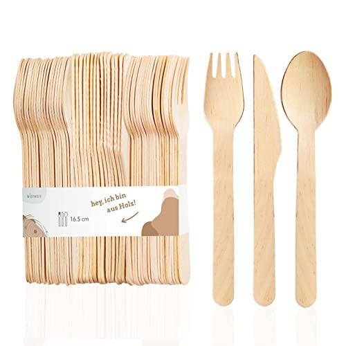 wiseware Juego de cubiertos desechables de madera de abedul, 100 tenedores, 100 cuchillos, 100 cucharas de madera, 300 piezas, 16,5 cm, biodegradables y sin astillas Cover