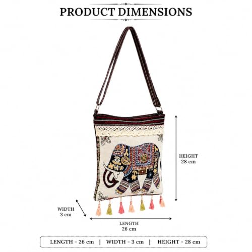 Image of Elephant Print Canvas Tote Bag for Women, Ethnic Shoulder Handbag with Multicolor Elephant Design, Dual Handle Everyday Carry Bag for Shopping, Office, College, Travel & Daily Use