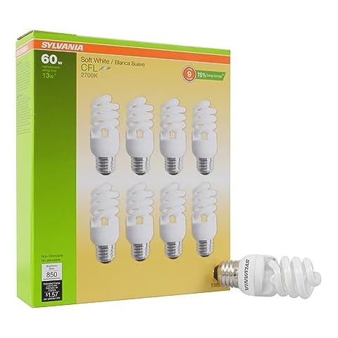 Sylvania CFL T2 Twist Light Bulb, 60W Equivalent, Efficient 13W, 850 Lumens, Medium Base, 2700K, Soft White - 8 Pack (26363) Cover