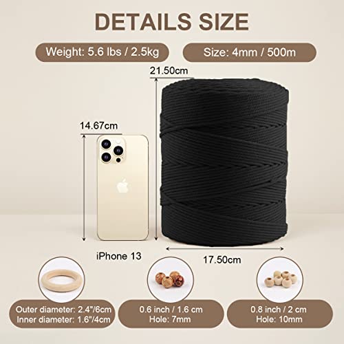 Image of ZUEXT Macrame Cord, Black, 4mm x 547yds Cotton String Macrame Yarn | Natural Handmade, 4 Strands Twisted Cotton Rope, for Craft Wall Hanging Weaving Tapestry Dream Catchers Hanger DIY Gift, 500m