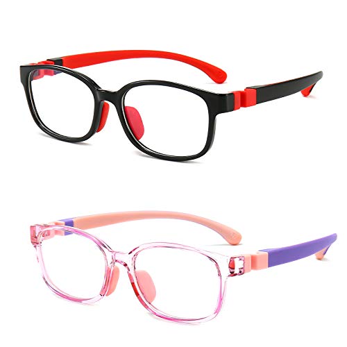 Blue Light Glasses Kids, Blue Light Blocking Glasses for Kids Transparent Frame TR90 Flexible Strap Anti-Eyestrain Headache and UV Glare 2 Pack Age 3-10