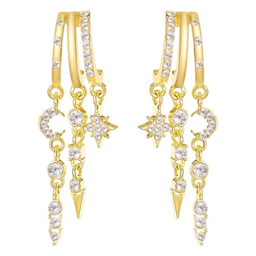 14K Gold Plated Women's Earrings, Star Moon Dangle Huggie Hoop Earrings, RARITYLL Hypoallergenic Fashion Jewelry for Women, Trendy Triple Chain Drop Earrings for Ears, Gift for Daily Wear