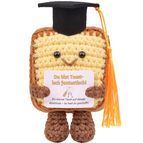 Mwmoeen Lustige Toast Abschluss Geschenk für Freund, Gestrickte Toast mit Graduierung Hut, Glücksbringer Prüfung, Pocket Hug Positive Geschenke, Prüfung Bestanden