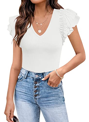 MISSJOY Womens V Neck Ruffle Short Sleeve Ribbed Slimming Basic Bodysuit Leotards Tops Blouses