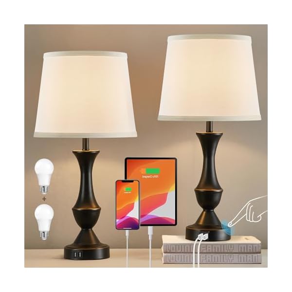 Touch Table Lamps Set of 2, 22" Tall Bedside Lamps with USB C+A Ports, 3-Way Dimmable Nightstand lamps, Table lamp for Bedrooms, Living Room, Office, Black Lamp with White Lampshade, Bulbs Included