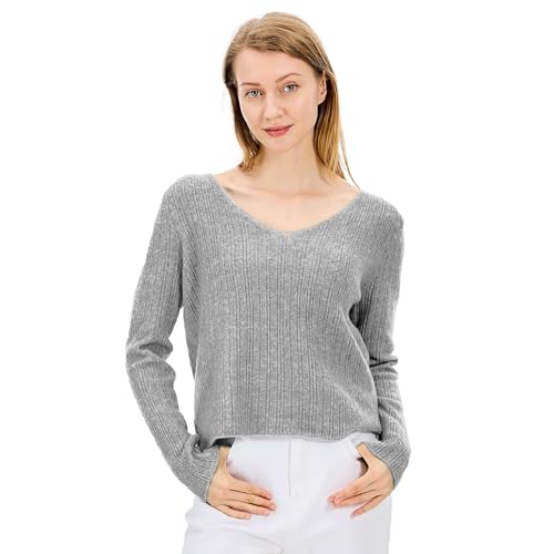 Image of Simple&Opulence Women's Long Sleeve V-Neck Sweater Off-Shoulder Light Cropped Sweaters for Women Wool Sweater S-XL