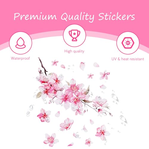 Image of WY Lighting Level Cherry Blossom Car Sticker, 2 Pcs Vinyl Car Decals for Women, Scratch Cover Pink Flower Bumper Stickers, Car Decoration, Waterproof Decal for Automotive, Laptop, Home Decor