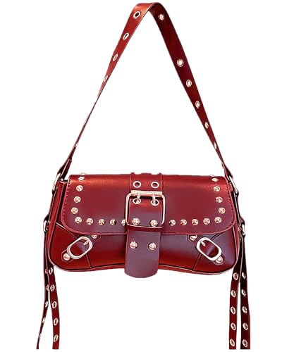 AFMKTICA Y2K Trendy Purse for Women, Leather Buckle Punk Hobo Clutch Purses Bags for Ladies Top Handle Shoulder Bag (Deep red)