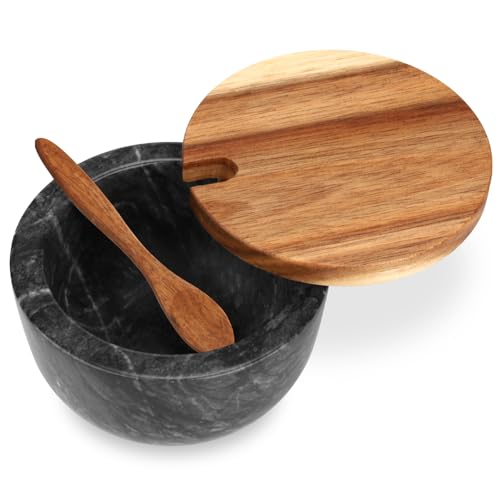 HESHIBI Marble Salt Cellar Box with Wood Lid & Spoon, Modern Black Stone Salt or Pepper Sugar Spice Seasoning Bowl Container Jar Holder Well Keeper Dish Pig Crock for Kitchen