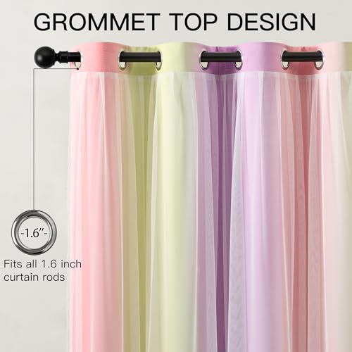 Image of XiDi Pink Yellow Curtains 84 Inches Long 2 Panels for Girls Bedroom Blackout Curtains with Sheer Overlay for Kids Princess Nursery Room Darkening Mix & Match Double Layer Grommet Drapes W34 X L84