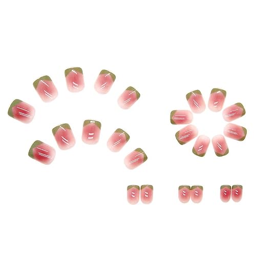 Diduikalor Press On Nails Short Green French Tip Fake Nails Nude Pink Glossy Glue On Nails Square False Nails Artificial Stick On Static Nails For Women 24Pcs #TOP1