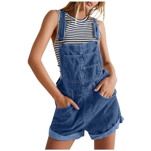 Denim Rompers for Women Summer Dressy Adjustable Strap Casual Loose Romper Jean Relaxed Fit High Waisted One Piece Shorts Overalls with Pockets Plus Size Going Out Vacation Pull On Jumpsuits