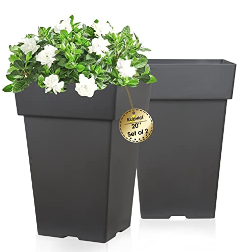 Tall Planters for Outdoor Plants, 20 Inch Movable Drainage Large Outdoor Planter Indoor Planters, Set of 2 Plastic Planters for Front Porch Door Garden Balcony Deck, Dark Gray 20" by kubvici - Used condition - US$69.78