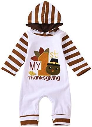 Sinda Infant Baby Boy Girl Thanksgiving Outfit Stripes Jumpsuit My 1st Thanksgiving Long Sleeve Hoodie Romper Baby Clothes