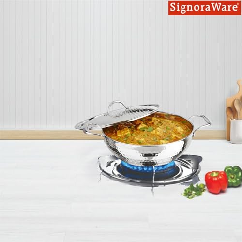 Image of Signoraware Artista Tri Ply Stainless Steel Hammered Deep Kadhai 22cm with Steel Lid | Elegant Finish | Even Heat Distribution | Ideal for Deep Frying & Daily Indian Cooking Needs (2.75 LTR | Steel)