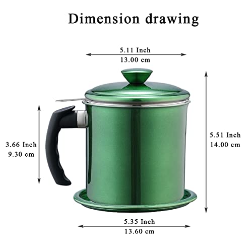 Image of Kyraton Bacon Grease Container with Strainer, 1.4L Metal Green Coating Stainless Steel Oil Container, Pot Fat Storage with Lid, Easy Grip Handle Suitable for Storing Frying Oil and Cooking Grease
