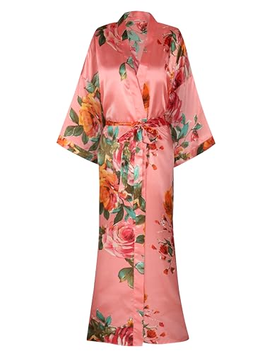 Image of Women Silk Kimono Robe Long Floral Bridesmaids Robes Satin | Wedding Party Bridal Getting Ready Robe Lightweight Dressing Gown Loungewear Sleepwear