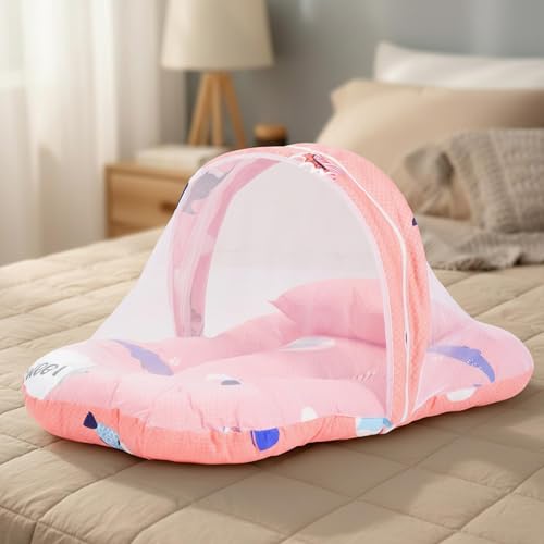 Image of BAYBEE 3 in 1 Baby Bedding Set with Mosquito Net, Foldable Infant Mattress, Portable Travel Nest, Cotton Lounger, Carry Bed with Pillow, Gift for Baby Boy Girl (Pink)