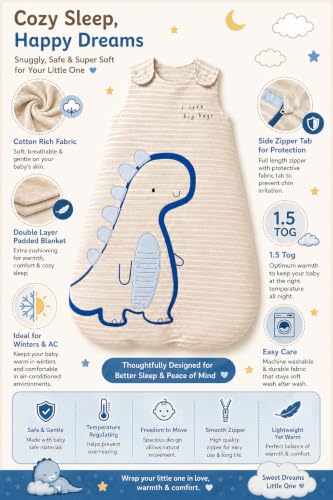 Image of TuddyBuddy Baby Cotton Wearable Quilted Sleeping Bag Blanket 1.5 Tog with 1 Way Zipper Closure | Ideal for Babies & Kids Hypoallergenic Fabrics | (Beige Sripes Dino, 12-18 Months)