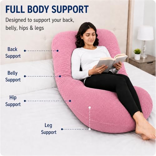 Image of Restify J-Shape Pregnancy Pillow for Women Sleeping | Full Body Maternity Pillow for Back, Hips, Legs & Belly Support | Removable & Washable Velvet Cover | Pink