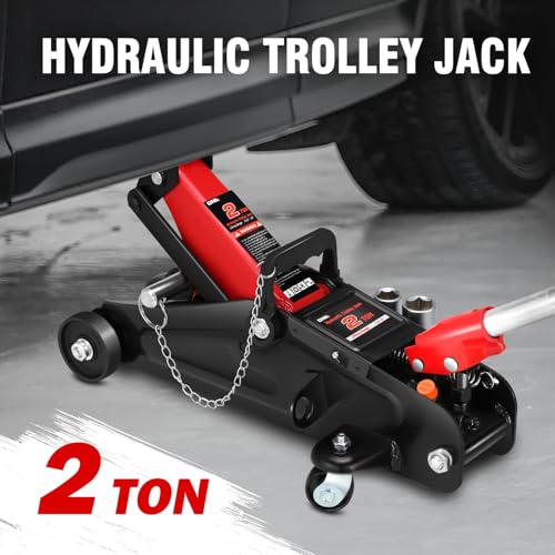 Image of DNA Motoring Floor Jack with Socket and Lock, Low Profile Hydraulic Trolley Jack for Cars Lift, 2 Ton (4000 lbs) Capacity, Lifting Range 5.12 inch-13 inch, Red, TOOLS-00677-RD