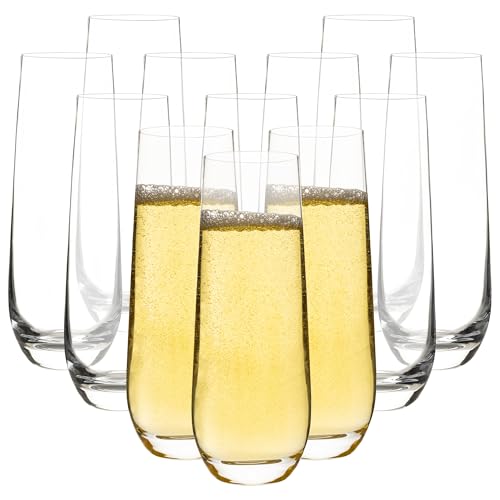 HAKEEMI Stemless Champagne Flutes Set of 12, 10 oz Modern Clear Glasses for Champagne, Mimosas...