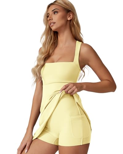 Image of QINSEN Womens Square Neck Tennis Dress Sleeveless Built in Shorts Golf Athletic Dress with Pockets