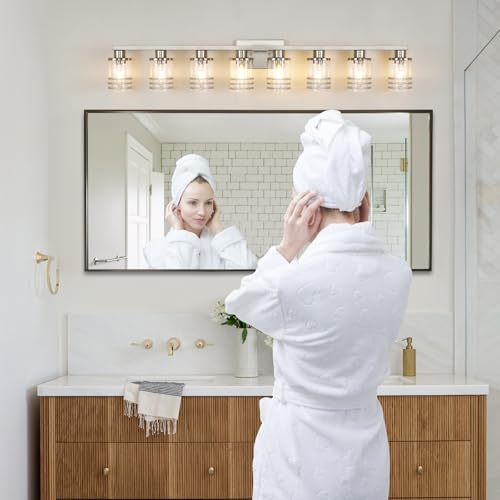 Image of YYT 8-Light Bathroom Vanity Light Fixtures, Over Mirror Brushed Nicekl Vanity Light Fixtures for Bathroom with Clear Glass Shade