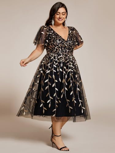 Image of Ever-Pretty Womens Embroidered Tulle Plus Size Cocktail Evening Party Dress A-Line Midi Wedding Guest Dresses for Curvy Women