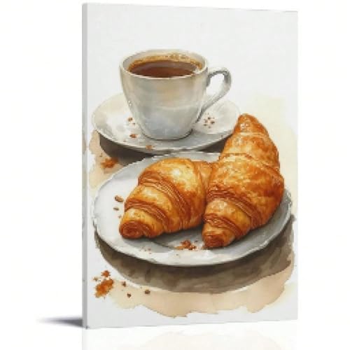 Peinture sur toile café et croissant 30x45 cm avec cadre pour déco cuisine