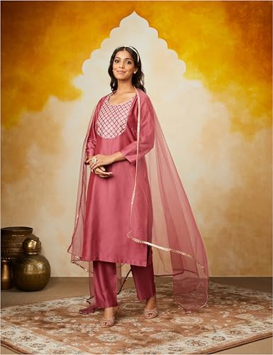 Image of Amazon Brand - Myx Women Embroidered Kurta Pant Set with Mesh Dupatta | Viscose,Rayon (Available in Plus Sizes)